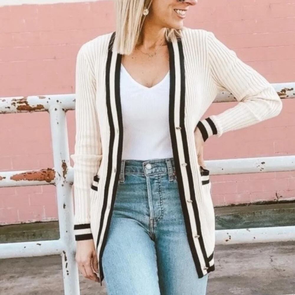 CAbi Radcliffe Cardigan Cream & Dark Navy Blue Ribbed Varsity M